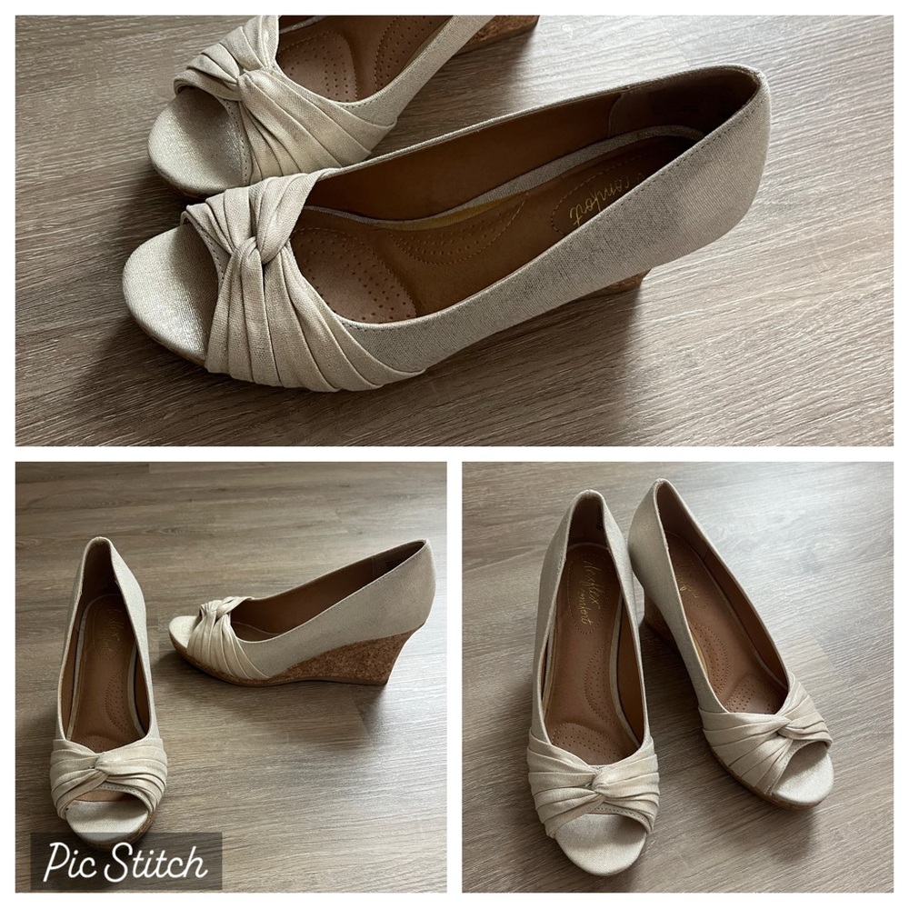Cream Satin Peep-Toe Wedges with Ruched Detail